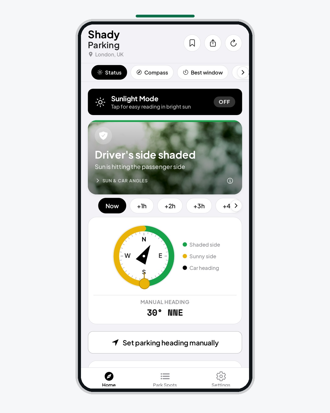 ShadyParking home screen showing the driver's side is shaded with a live sun compass