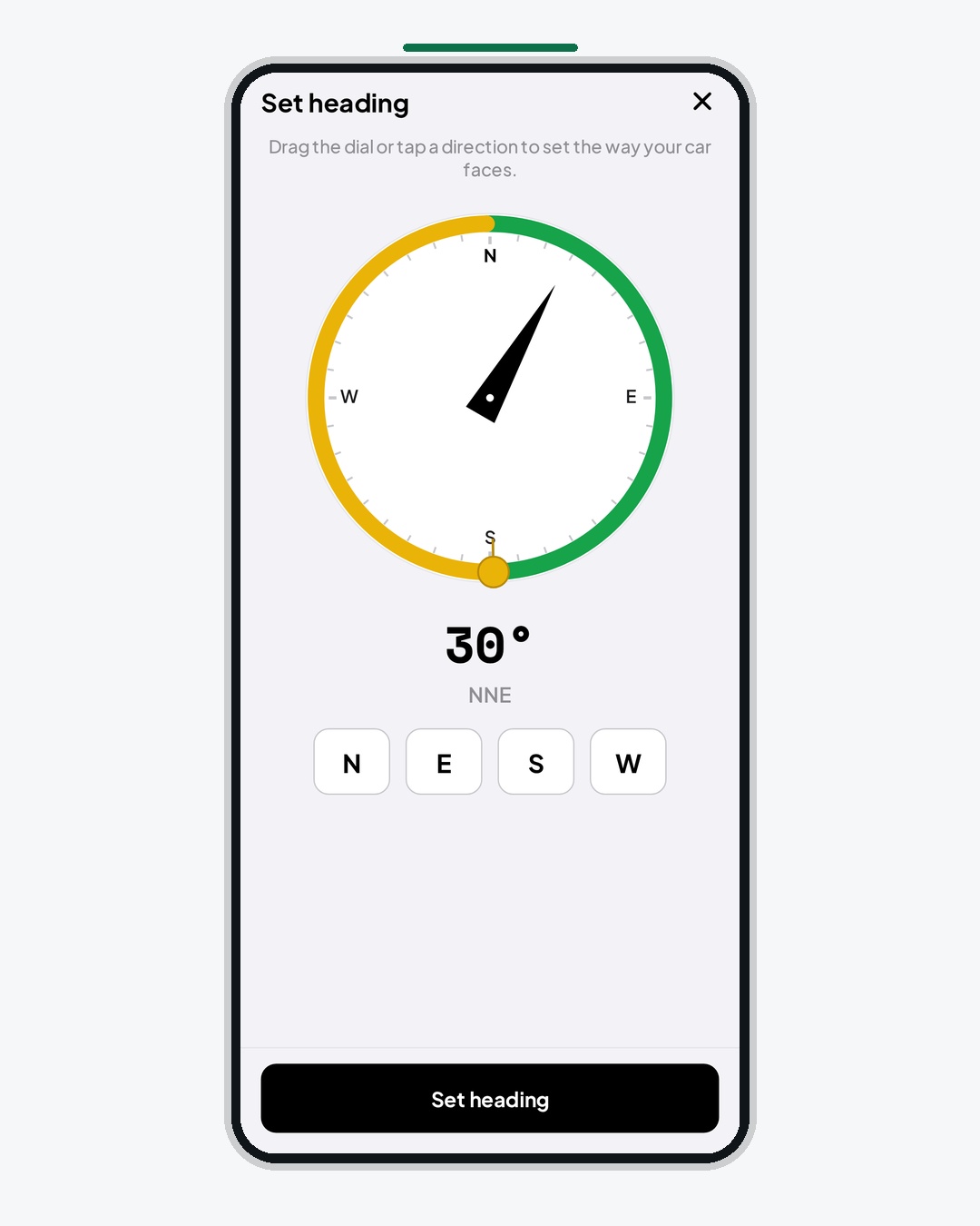 ShadyParking app screen: Set your heading — Dial in the way your car faces