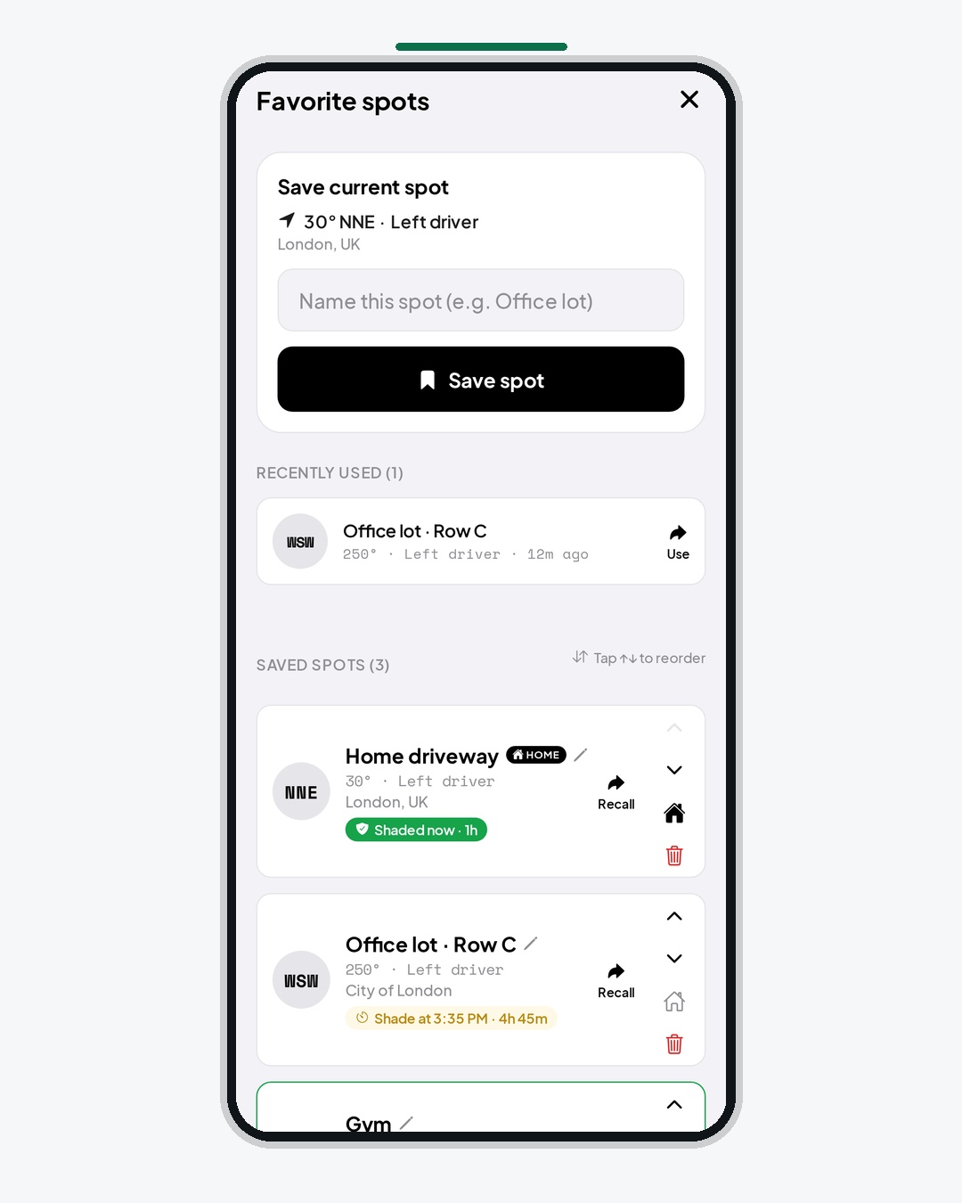 ShadyParking app screen: Favourite spots — Save and recall your go-to bays