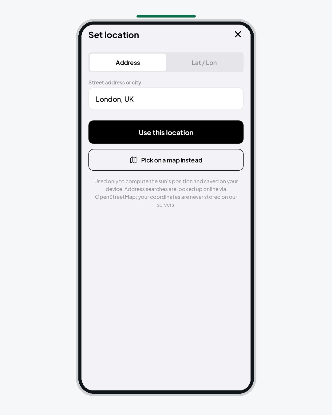 ShadyParking app screen: Manual location — Type an address or drop a pin