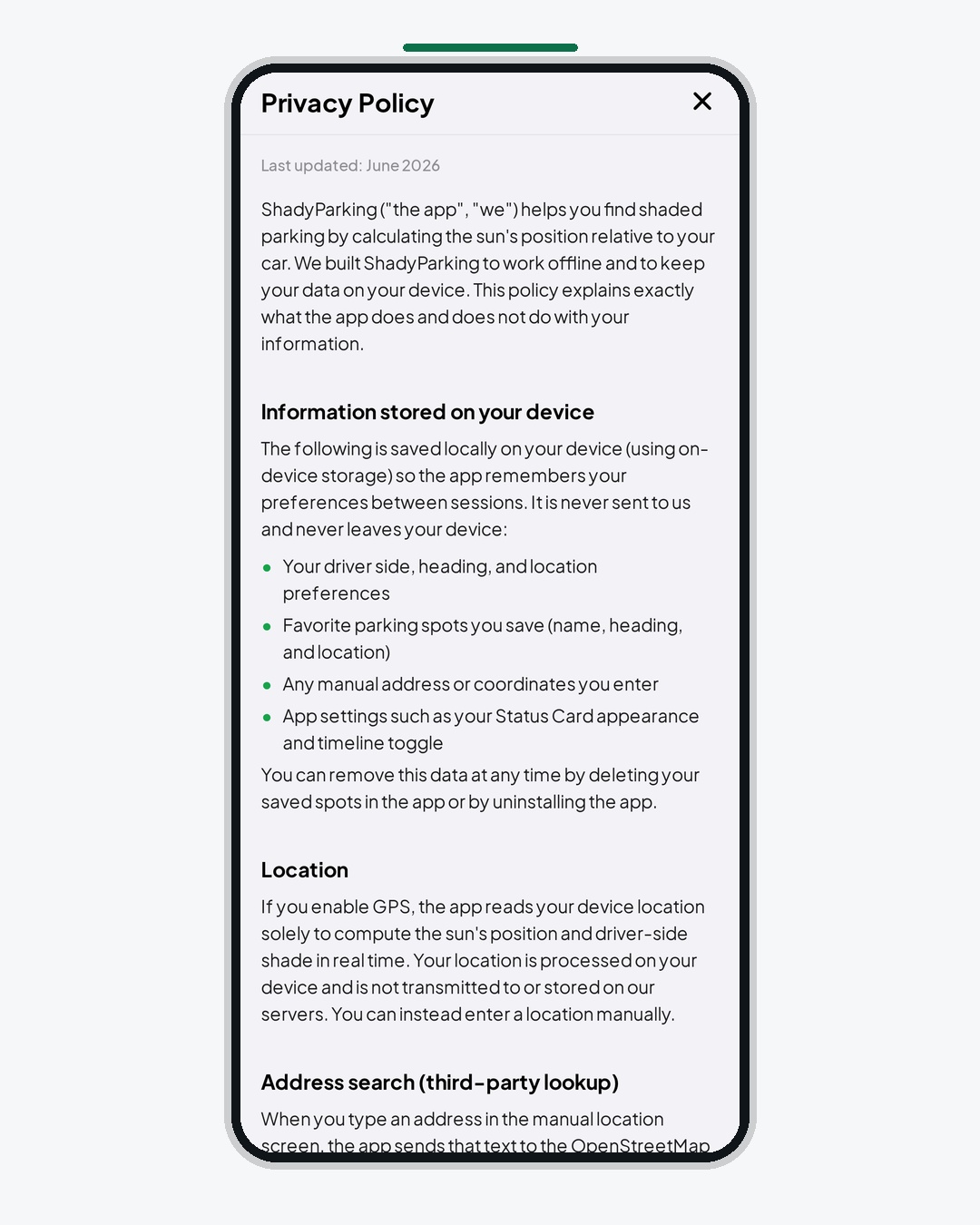 ShadyParking app screen: Privacy, offline — Your data stays on your device